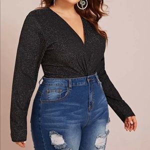 Plus Plunge Neck Twist Glitter Bodysuit